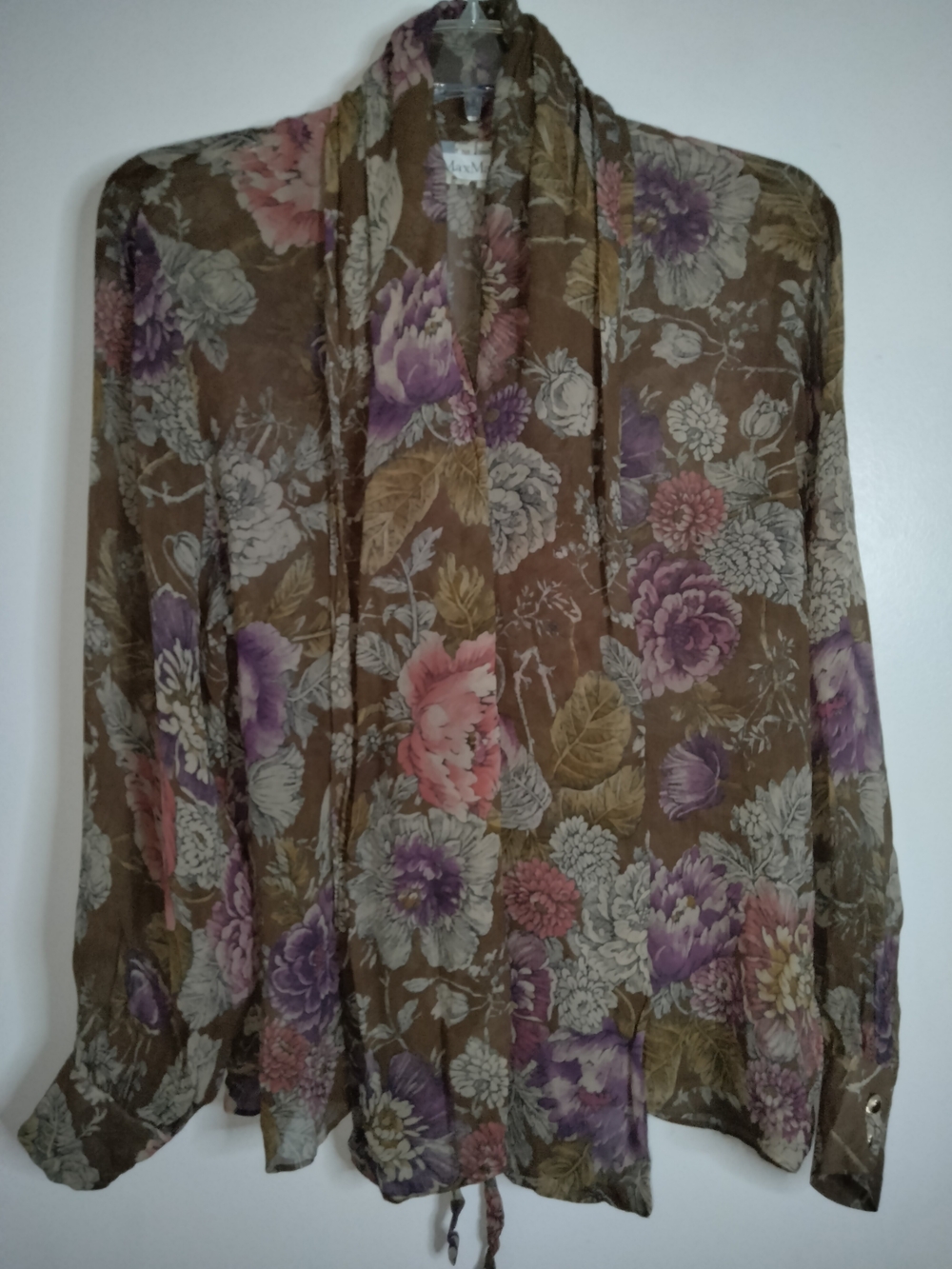 MaxMara (Size 4) Silk Floral Semi-Sheer Tie-Front LS Blouse - Brown/Purple/Pink